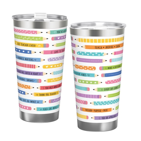 20oz Colorful Teacher Pencil Tumbler with Handle Stainless Steel Insulated Travel Coffee Cup Teacher Gift with Double Silver Rim