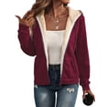 thumbnail image 2 of Stralyhd Women Pocket Detail Sherpa Lined Full Zip Hoodie Winter Warm Heavyweight Fleece Casual Coat Wine L, 2 of 6