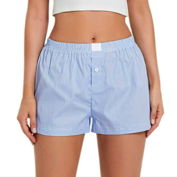 Womens Boxer Shorts Casual Summer Cotton Pajama Lounge Sleep Pj Gingham Plaid Shorts Y2K Beach Bottoms Light Blue M