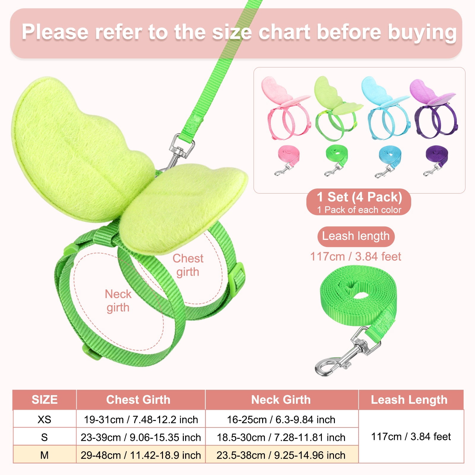 Uxcell 4-Pack Adjustable Pet Harnesses and Leashes, Nylon Outdoor Training Traction Rope for Dogs [Green/Blue/Purple/Pink, Size M]