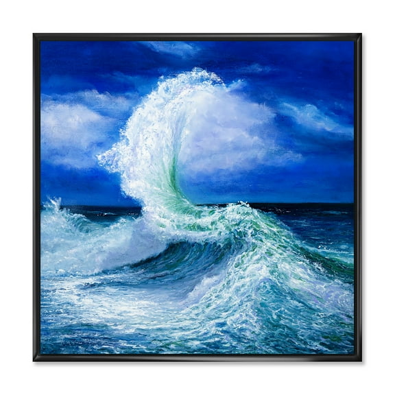 Designart 'Waves Breaking During Wild Blue Ocean Tide' Nautical & Coastal Framed Canvas Wall Art Print