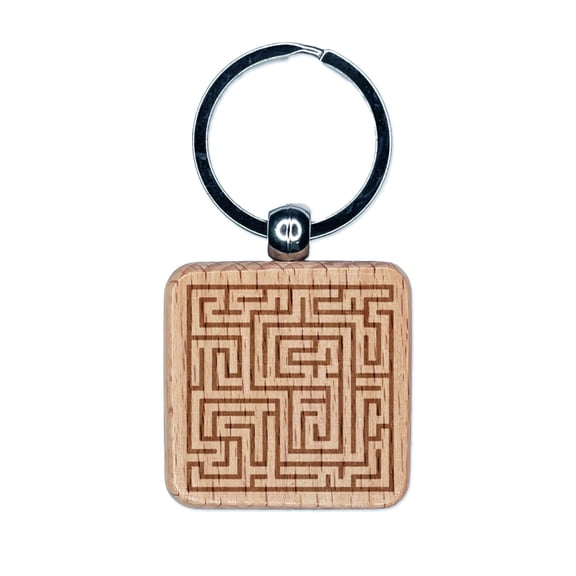 Labyrinth Maze Puzzle Game Square Keychain Charm Tag - Engraved Wood