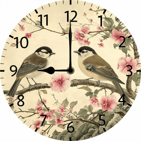 Eveokoki Wood Wall Clock Rustic Country Silent Non-Ticking 10 Inch Two Birds Flower Round Clocks Battery Operated for Living Room Kitchen Bedroom Bathroom Office Home School Decor