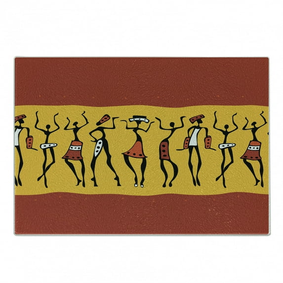 African Cutting Board, Dancing Abstract Wall Paint Indigenous Culture, Decorative Tempered Glass Cutting and Serving Board, Small Size, Dark Orange Yellow Black, by Ambesonne