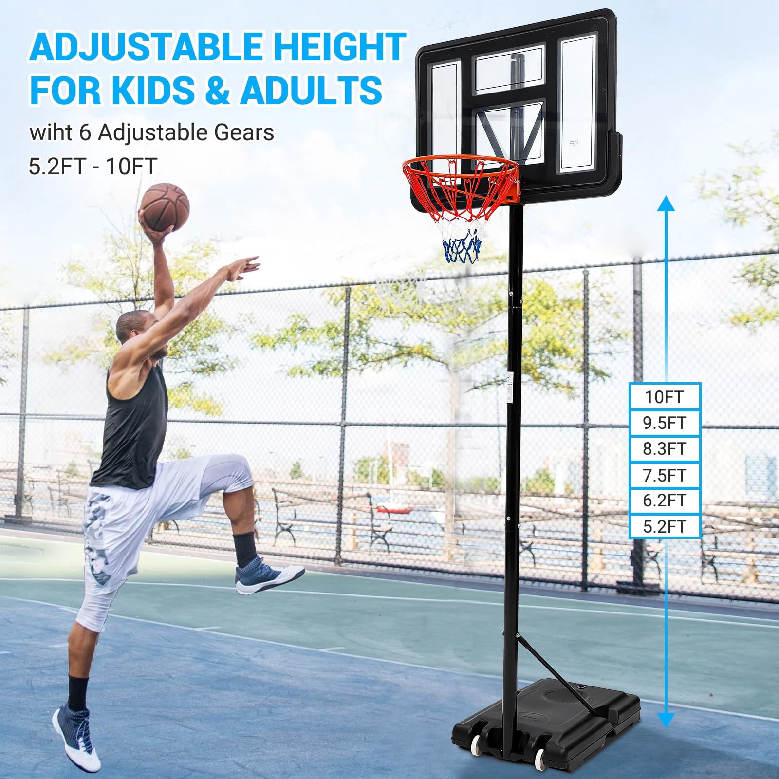 Portable Basketball Hoop Outdoor 5.2-7ft Adjustable Outdoor Basketball Stand for Kids&Youth w/Wheels, Shatterproof Backboard & High Intensity Base Basketball Hoop Goal System in Backyard/Driveway