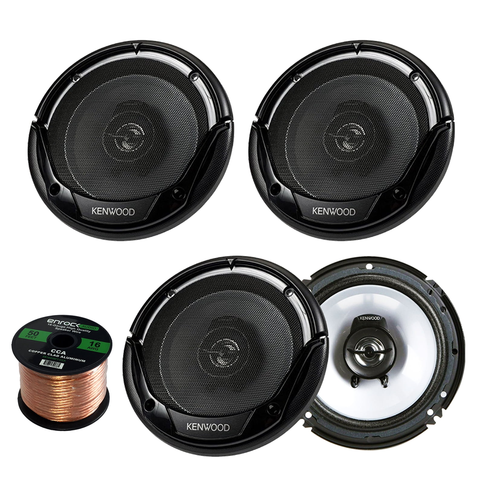 Enrock 16g 50 Ft Speaker Wire 2 Pair Car Speaker Package of 2X Kenwood KFC-C1355S 5 1//4 250-Watt 2-Way Flush Mount Coaxial Speakers 2X KFC-1665S 6 1//2 Inch 2-Way Black Dual Cone Speakers