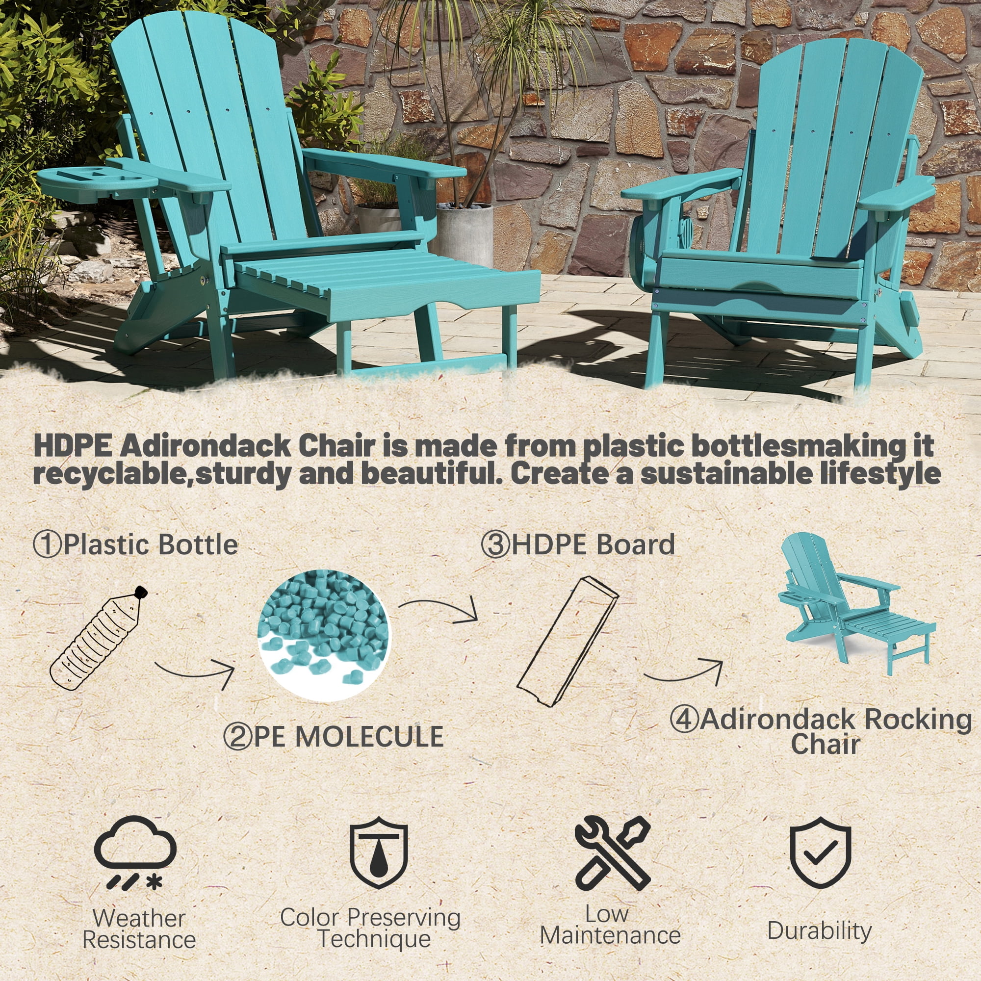 Folding Adirondack Chair with Retractable Ottoman, HDPE All-Weather Resistant Adjustable Backrest Adirondack Chair w/4 in 1 Cup Holder Trays, Aruba Blue