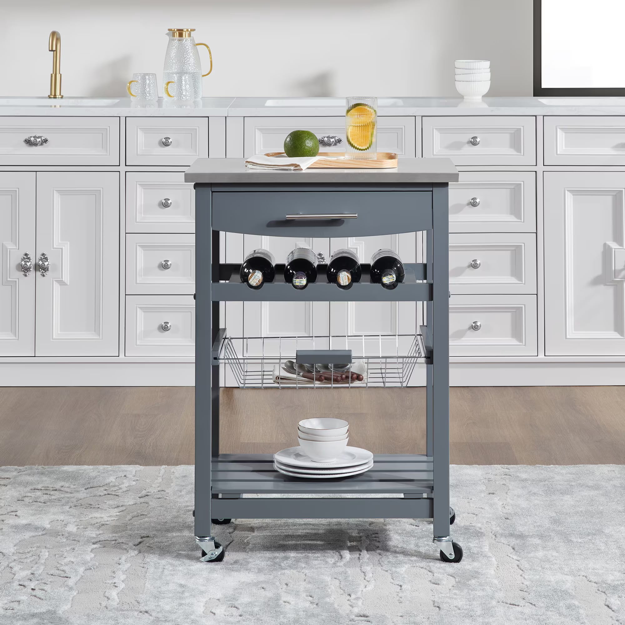 Avobird Kitchen Island Cart, Mobile Kitchen Cart with 22inch Stainless Steel Countertop/Underneath Drawer/Slide-Out Wire Storage Basket, Gray