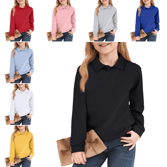 Domuza Kids' Solid Color Long Sleeve Polo, Breathable School Uniform Shirt for Girls, Perfect for Everyday School Use Black 11-12 Years