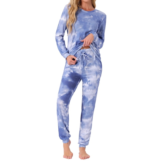 INSPIRAR CHIC Conjuntos de Pijamas de Manga Larga para Mujeres Sudadera de Punto Impresa con Estrellas 2 Piezas Ropa de Dormir XL Azul Tie Dye