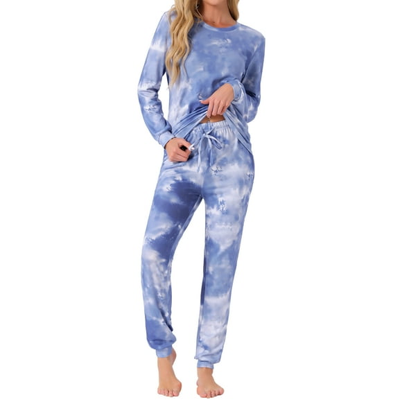 INSPIRAR CHIC Conjuntos de Pijamas de Manga Larga para Mujeres Sudadera de Punto Impresa con Estrellas 2 Piezas Ropa de Dormir XL Azul Tie Dye
