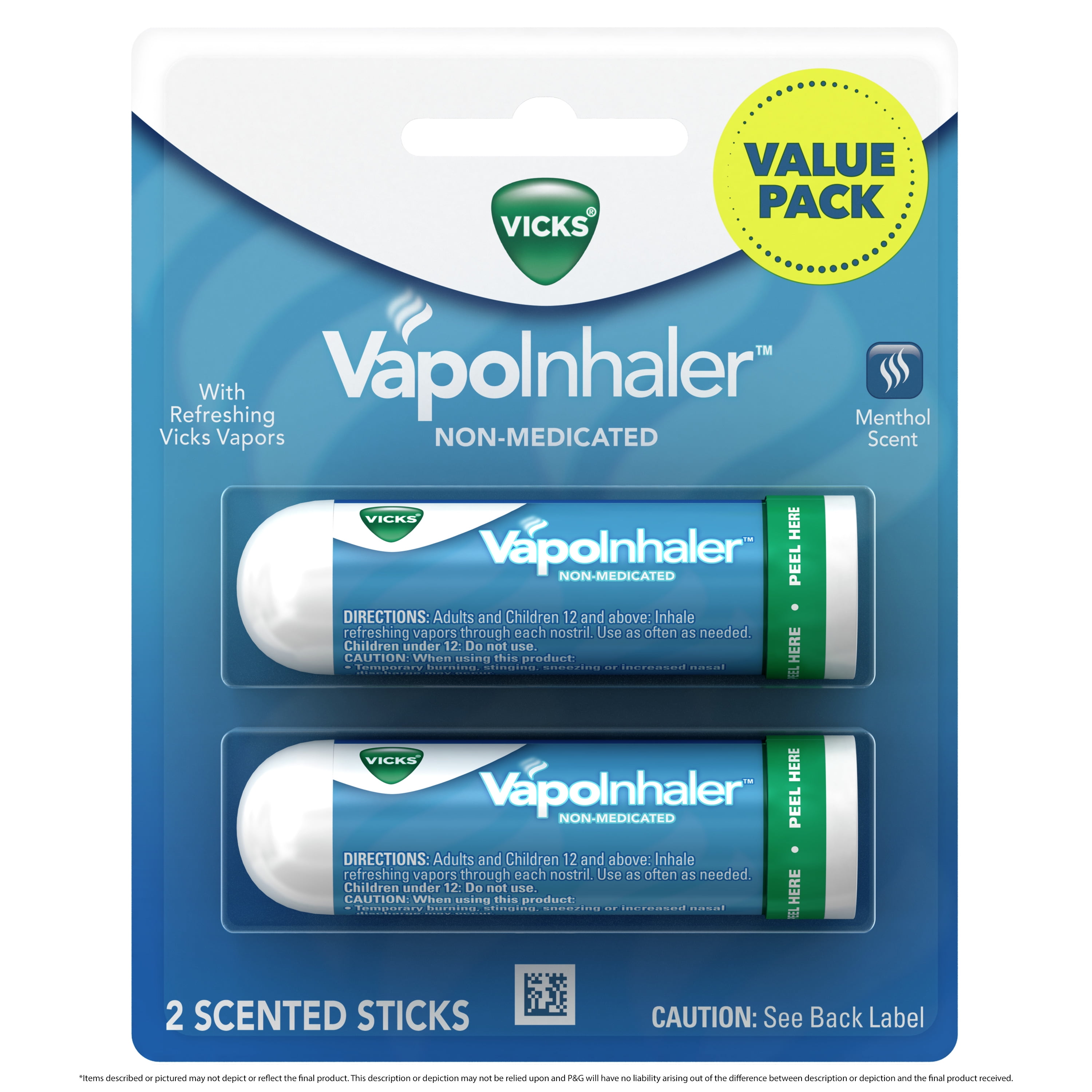 Vicks VapoInhaler Portable NonMedicated Nasal Inhaler, Menthol, 2 Ct