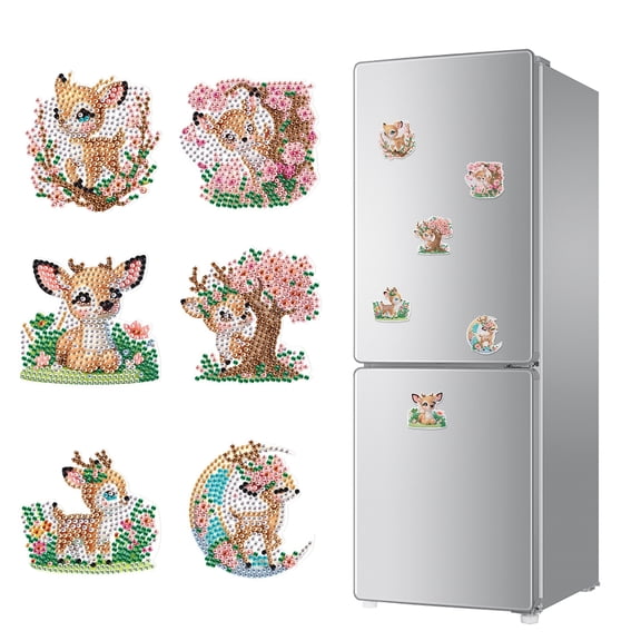 6pcs Diamond Painting Kit Fridge Magnets DIY Glitter Magnetic Stickers with Deer Design Creative Fridge Decor for Kitchen or Holiday Gifts