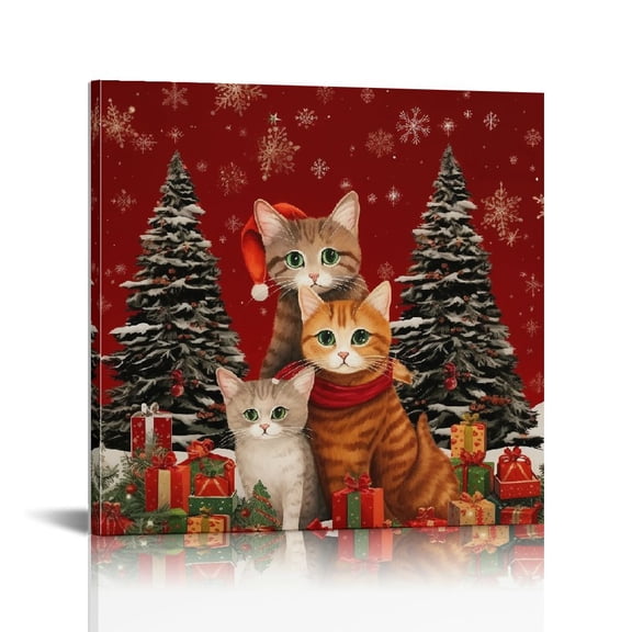 JEUXUS Christmas Cat Square Oil Paintings On Canvas Wall Art Santa Kitten Xmas Tree Pictures Print Artwork with Framed Ready to Hang for Bedroom/Living Room Decor Winter Snowflake