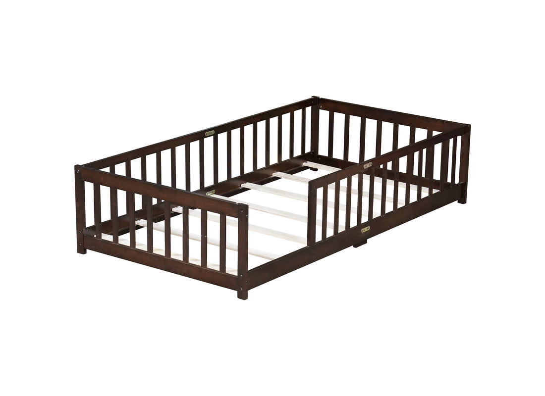 Bellemave Twin Size Floor Beds, Wood Montessori Bed with Fence Railings & Support Slats, No Box Spring Needed (Espresso）