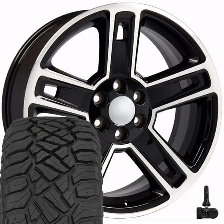 OE Wheels CV74B 22 Inch Rims and Tires Fit Silverado 1500 Style 6x139.7 22x9 Gloss Black Machined - Hollander 5664 - TerraMax RT 285/45-22 (Set of 4)