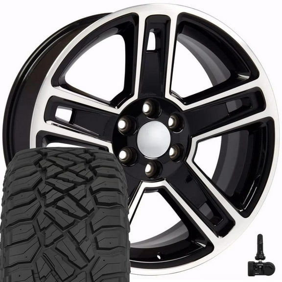 OE Wheels CV74B 22 Inch Rims and Tires Fit Silverado 1500 Style 6x139.7 22x9 Gloss Black Machined - Hollander 5664 - TerraMax RT 285/45-22 (Set of 4)
