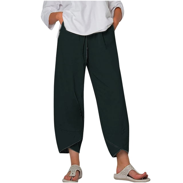 Timegard Plus Size Pants for Women Elastic Waist Solid Color Comfy Fall Casual Crop Pants with Pockets