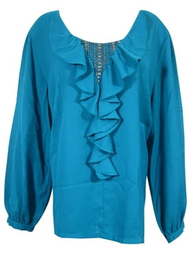 Women Blouse, Crepe Gypsy Chic Blue Solid Top, Summer Comfy Tunic Top M