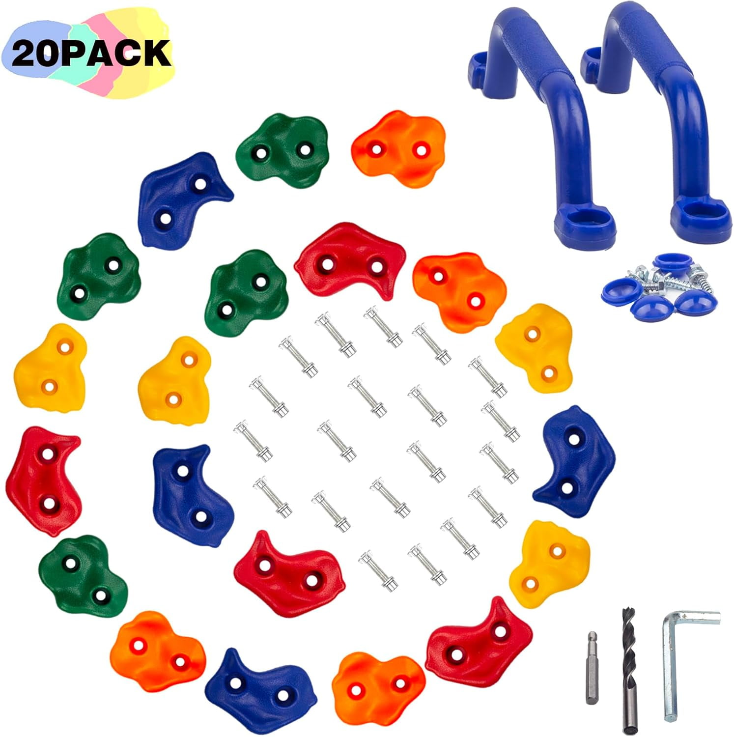 KINSPORY Colorful Rock Wall Climbing Holds Set for Kids with Blue Handles, 20pc Indoor Outdoor Playground Equipment