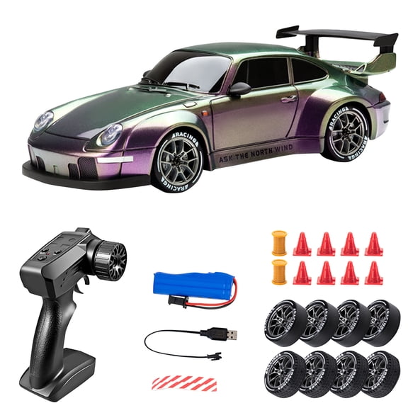 High-Speed RC Drift Car 1:10 Scale, 4WD Remote Control Car 30MPH with Drift Tires & LED Lights, Rechargeable USB Racing Car for Adults with Extra Tires, Professional Drift Racing Gift