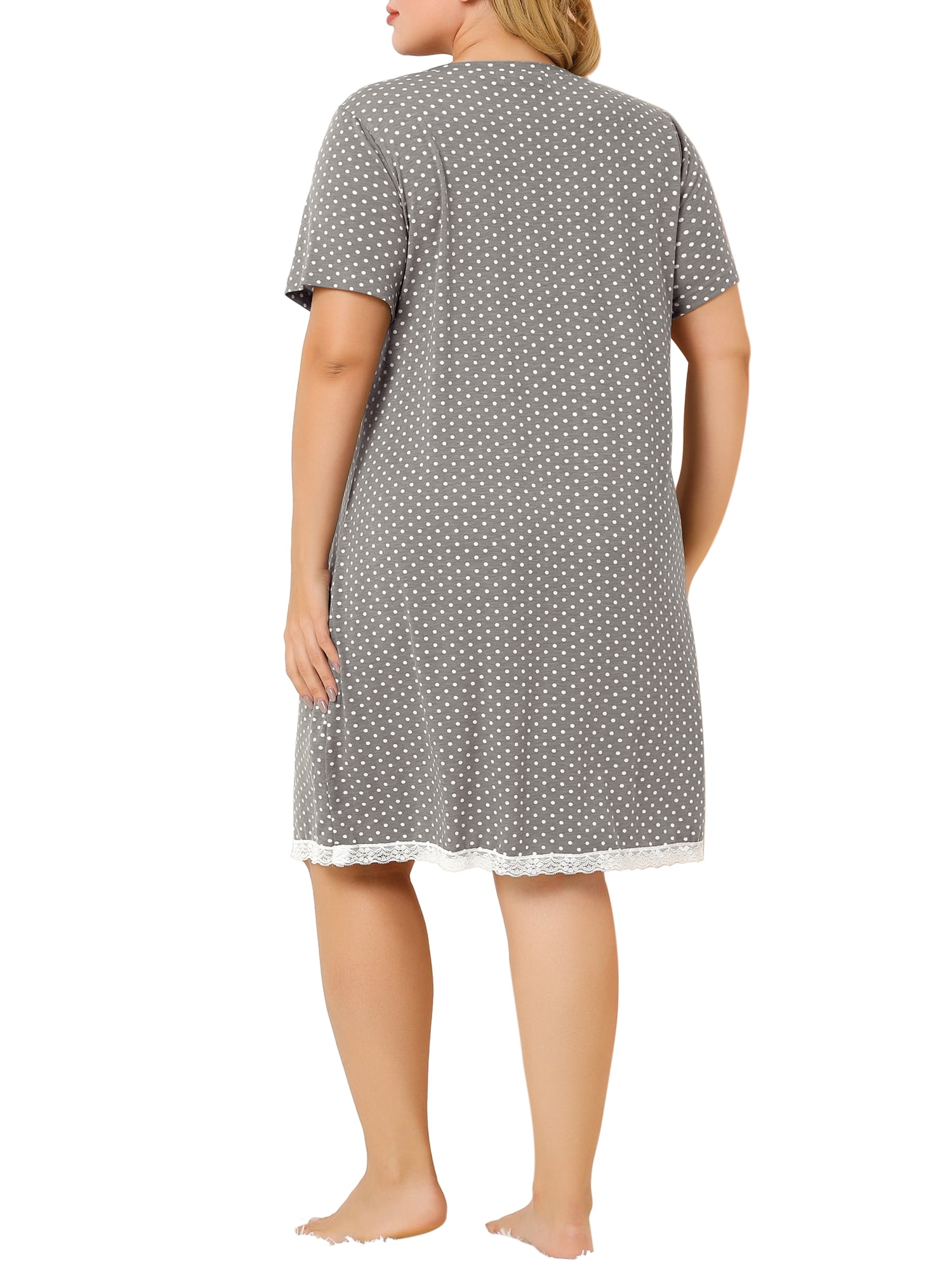 DARING DIVA Women's Plus Size Soft Short Sleeve Lace Trim Pajama Dress 1X Gray