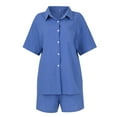 thumbnail image 5 of Virmaxy Womens Stylish Outfit 2 Piece Set Summer Cotton Linen Solid Color Two-Piece Suit (Short Sleeve + Shorts) Fashion Summer Solid V-Neck Button Casual Short Sleeve Top+ Pant Set Blue M, 5 of 7