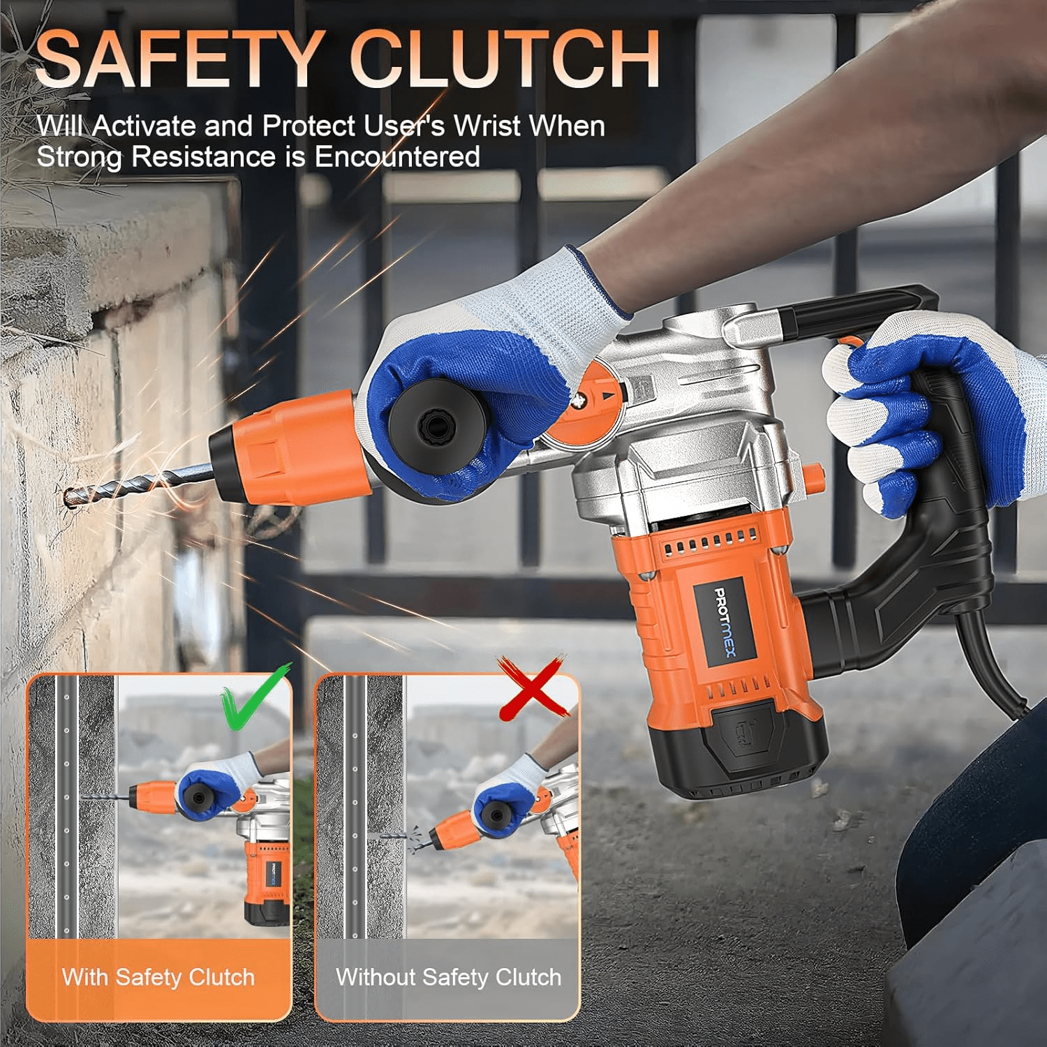 1-1/4 Inch SDS-Plus 13 Amp Heavy Duty Rotary Hammer Drill with Safety Clutch 3 Functions, Vibration Control, for Floor Tile Removal, Concrete Breaker, Including Grease, Chisels & Drill Bits