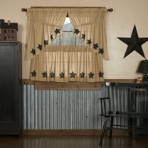 VHC Brands Burlap Natural with Black Stars 4 PC Curtain Set (2 Prairie Swag 36x18 and 2 Tier 24x36)