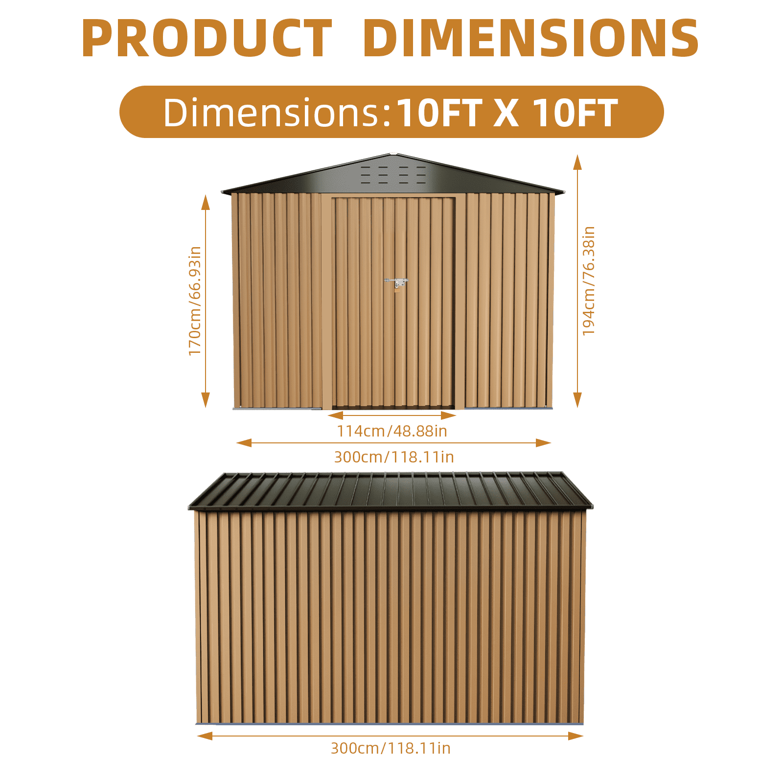 COZONY 10*10ft Galvanized Steel Storage Shed, Waterproof Utility Shed with Lockable Door & Vents for Lawn Mower Bike Tools,Brown