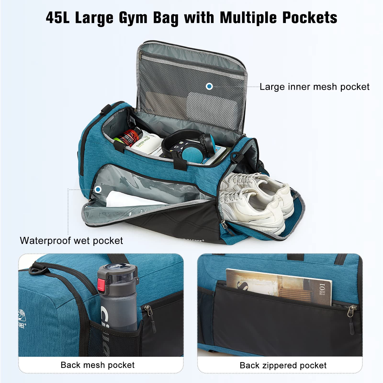 G4Free Sports Travel Duffel Bag 45L/60L with Shoe Compartment and Wet Pocket for Men and Women