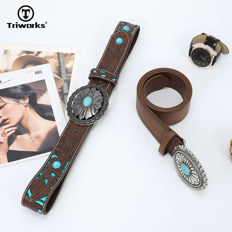 SUOSDEY Turquoise Buckle Western Leather Belt for Women Men SUOSDEY Turquoise Buckle Western Leather Belt for Women Men