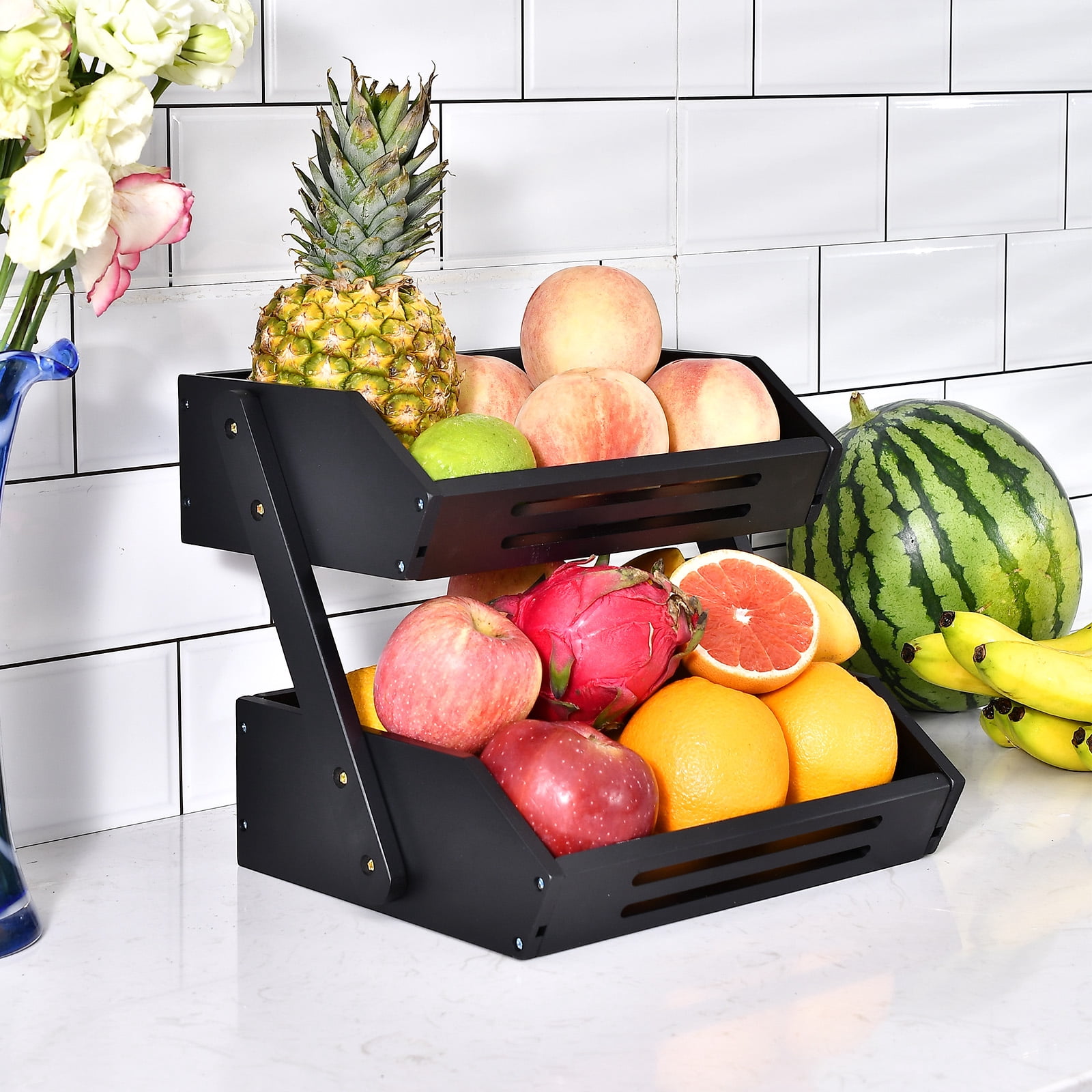 Fruit Basket, 2 Tier Bamboo Fruit Bowl for Kitchen Counter, 11" Tall Produce Storage Stand for Vegetables and Snack, 15 mm Thickness (Self-Assembly)