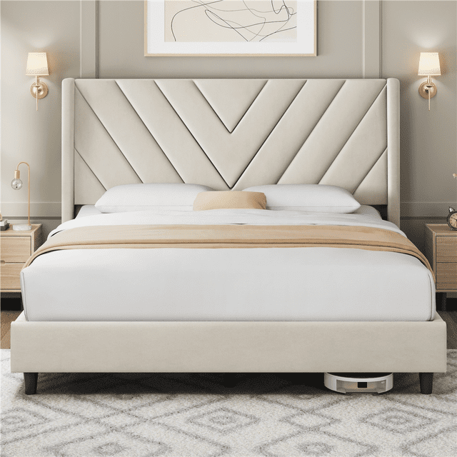 Yaheetech Upholstered Platform Bed with Tufted Headboard and Wooden Slat Support, Full, Beige