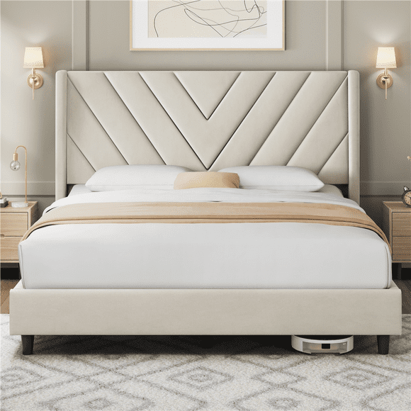 Fullfurnique Upholstered Platform Bed Frame with Wooden Slat Support, Full, Beige