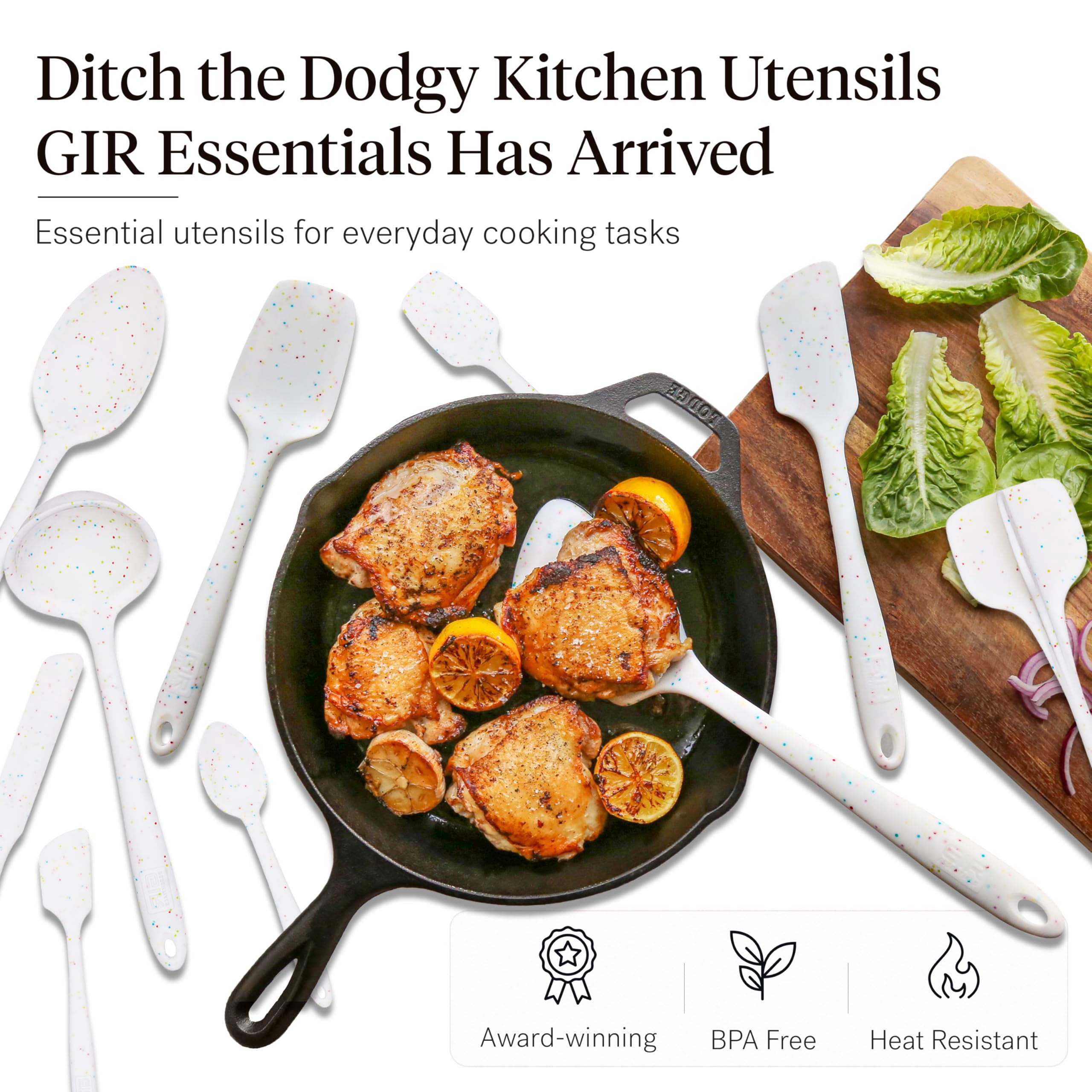GIR Get It Right 10 Piece Essentials Silicone Cooking Utensils Set Nonstick 425°F Heat Resistant Kitchen Utensils Set for Cooking and Baking, Confetti
