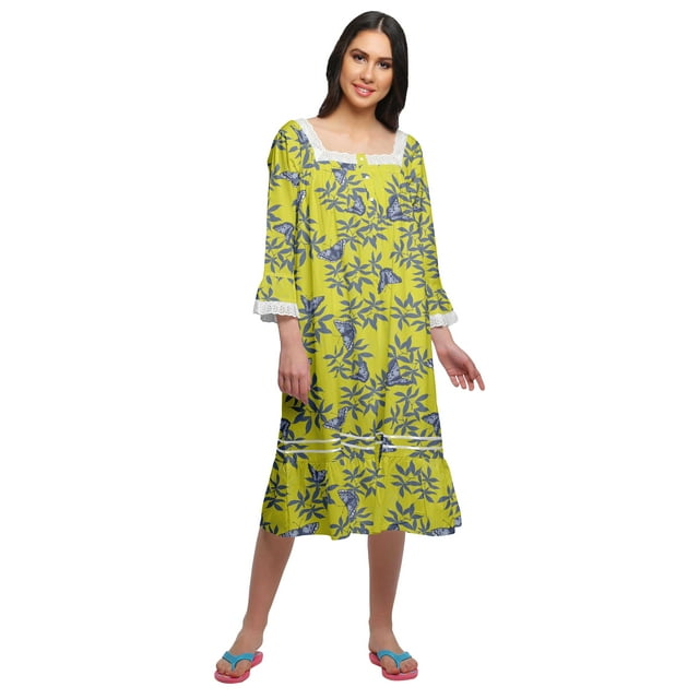 Moomaya Robe de Nuit en Coton à Manches Longues à Encolure Carrée Imprimée pour Femmes