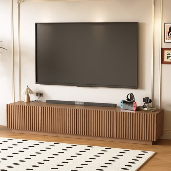 86.61" Mid-Century Modern TV Stand for TVs up to 85", Sturdy Living Room Furniture Media Console with Large Storage Space, Entertainment Center for Living Room and Bedroom, Walnut