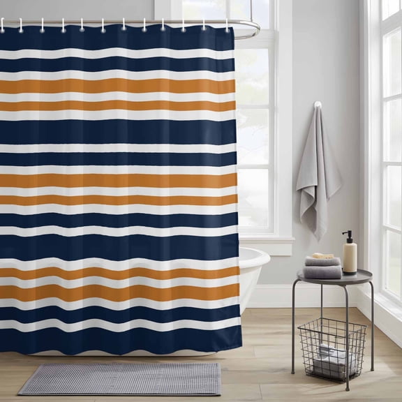 Bathroom Shower Curtain Orange Navy Blue Stripe Line Waterproof Shower Curtains with Hooks, Bath Curtains Bathtub Curtain Home Decor 36x72in