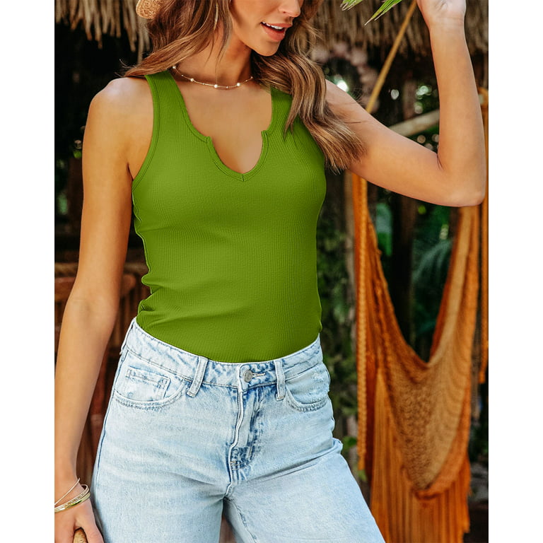 Vafful Women Tank Tops V Neck Summer Slim Slim Stretch Workout Sleeveless  Tops Ribbed Racerback Blouses Army Green X-Large