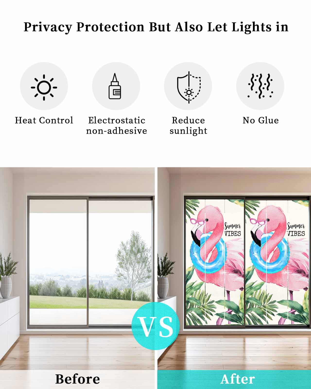 Window Privacy Film Summer Pink Flamingo Stained Glass Window Film Decorative Sun Block Window Cover Beach Tropical Palm Leaves Window Clings Static Adhesive Sticker for Bathroom 35.4"x78.7"