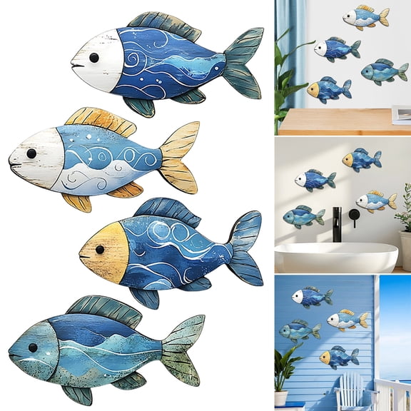 tasrioml 3/4Pcs/Set Wooden Fish Wall Decoration Farmhouse Rustic Nautical Turtle Shell Starfish Wall Art Sculpture Home Living Room Bathroom Wall Decorative Sign