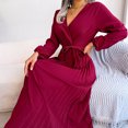 thumbnail image 5 of qafoshin Fall Pleated Dresses for Women V Neck Long Sleeve Midi Dress Waistband Classic Ruched Dress, 5 of 7