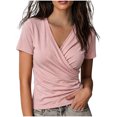 thumbnail image 2 of Karymi Going Out Tops Solid Wrap Cross V Neck Ruched Short Sleeve T-Shirt, Slim Fitted Twisted Surplice Pullover Top, Stretch Casual Tee Womens Workout Tops, 2 of 6