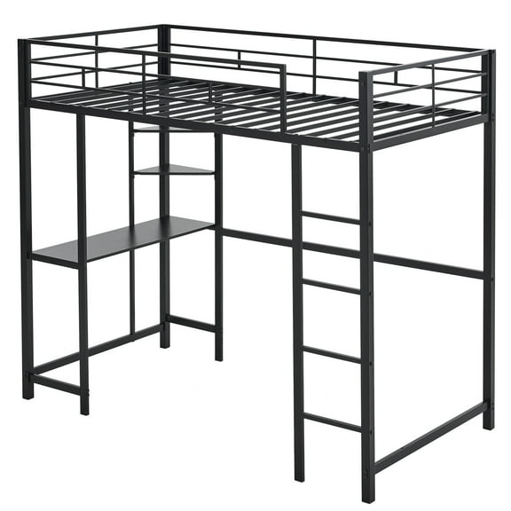 Twin Size Metal Loft Bed with Desk and Storage Shelves, 2 Built-in Ladders & Guardrails, Loft Bed Frame for Teens Juniors Adults, Noise Free, No Box Spring Needed, BlackTwin Size Metal Loft Bed with D