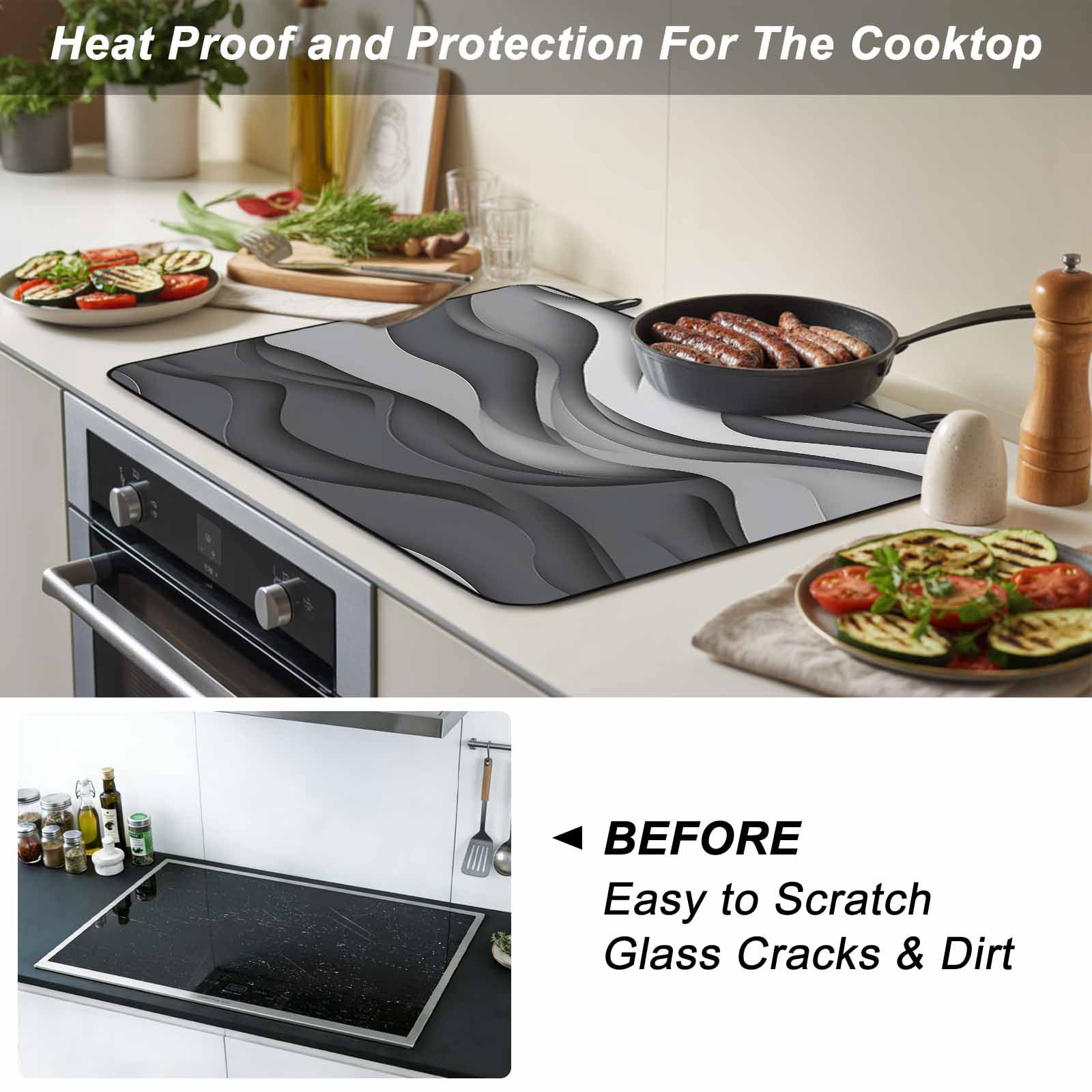 Black Grey Ombre Stove Top Cover for Electric Stove, Heat-proof & Non Slip Glass Top Stove Cover Protector, Modern Geometric Abstract Moire Art Kitchen Flat Cooktop Rubber Mat 24x21 Inches