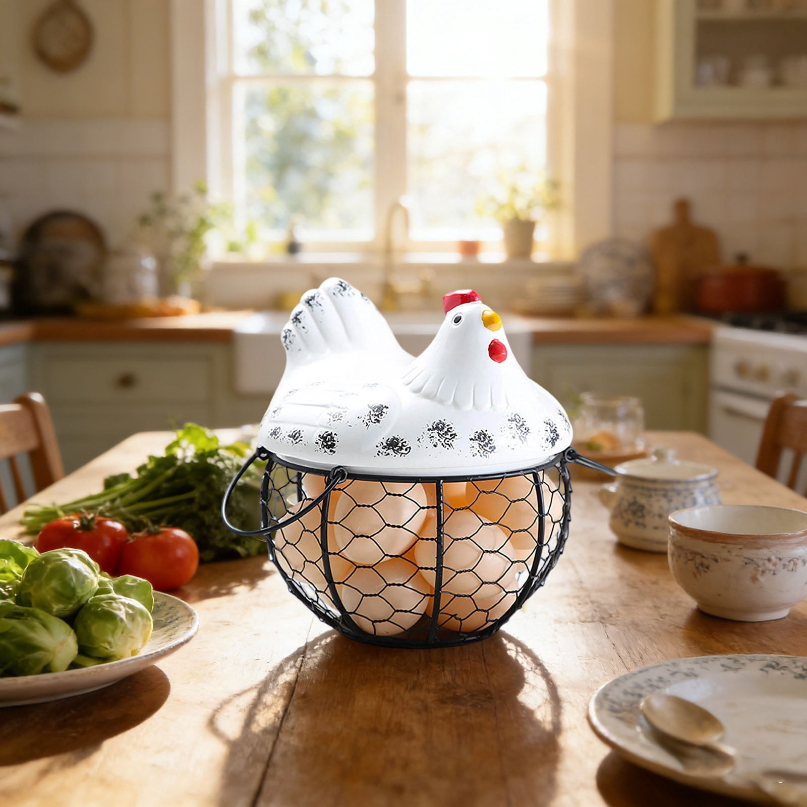 Chicken Egg Basket Black Wire with Ceramic Lid, Egg Holder for Gathering Fresh Eggs, Decorative Farmhouse Egg Storage Container for Kitchen Countertop, Ceramic Egg Storage Basket Organizer