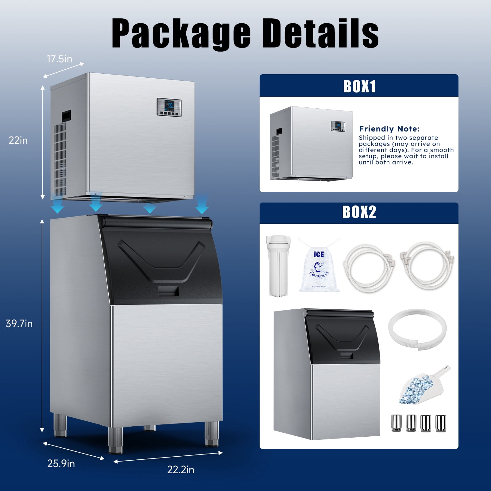 Commercial Ice Maker 380LBS Ice Storage Bin, Durable Stainless Steel and Adjustable Steel Feet