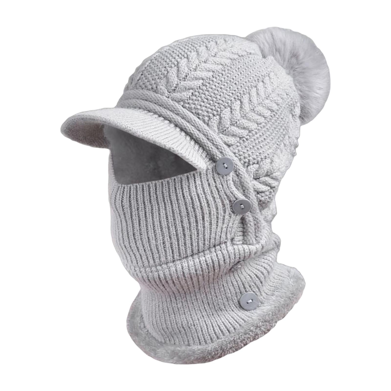 DimyFew Elastic Knitted Beanie Hat Neck Gaiter Breathable Button Warmer Winter Ski Mask Gray