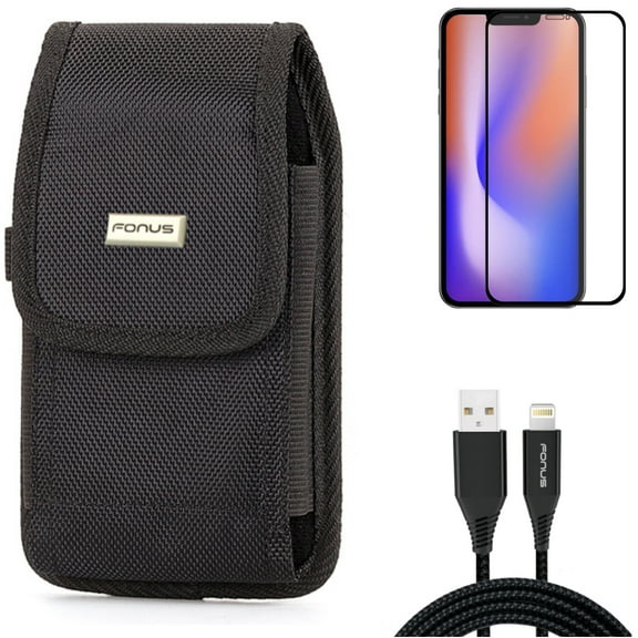 Case Belt Clip & Screen Protector & 10ft USB Cable for iPhone 13/Pro ONLY - Rugged Holster Canvas   Anti-Glare Tempered Glass Matte   Charger Cord Power Wire Combo